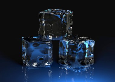 Siyah arkaplan ve mavi ışık üzerinde 3D buz küpleri oluşturma