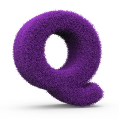 Büyük Q pofuduk ve tüylü harf, beyaz arkaplanda 3 boyutlu görüntüleme