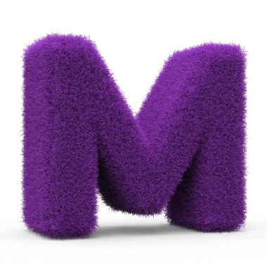 Büyük harf M pofuduk ve tüylü harf, 3 boyutlu görüntüleme beyaz arkaplanda izole edildi