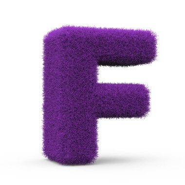 Büyük F pofuduk ve tüylü harf, beyaz arkaplanda 3 boyutlu görüntüleme