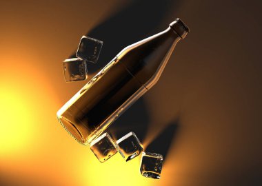 Siyah zemin üzerinde 3 boyutlu buz küpleri ve şişe oluşturma