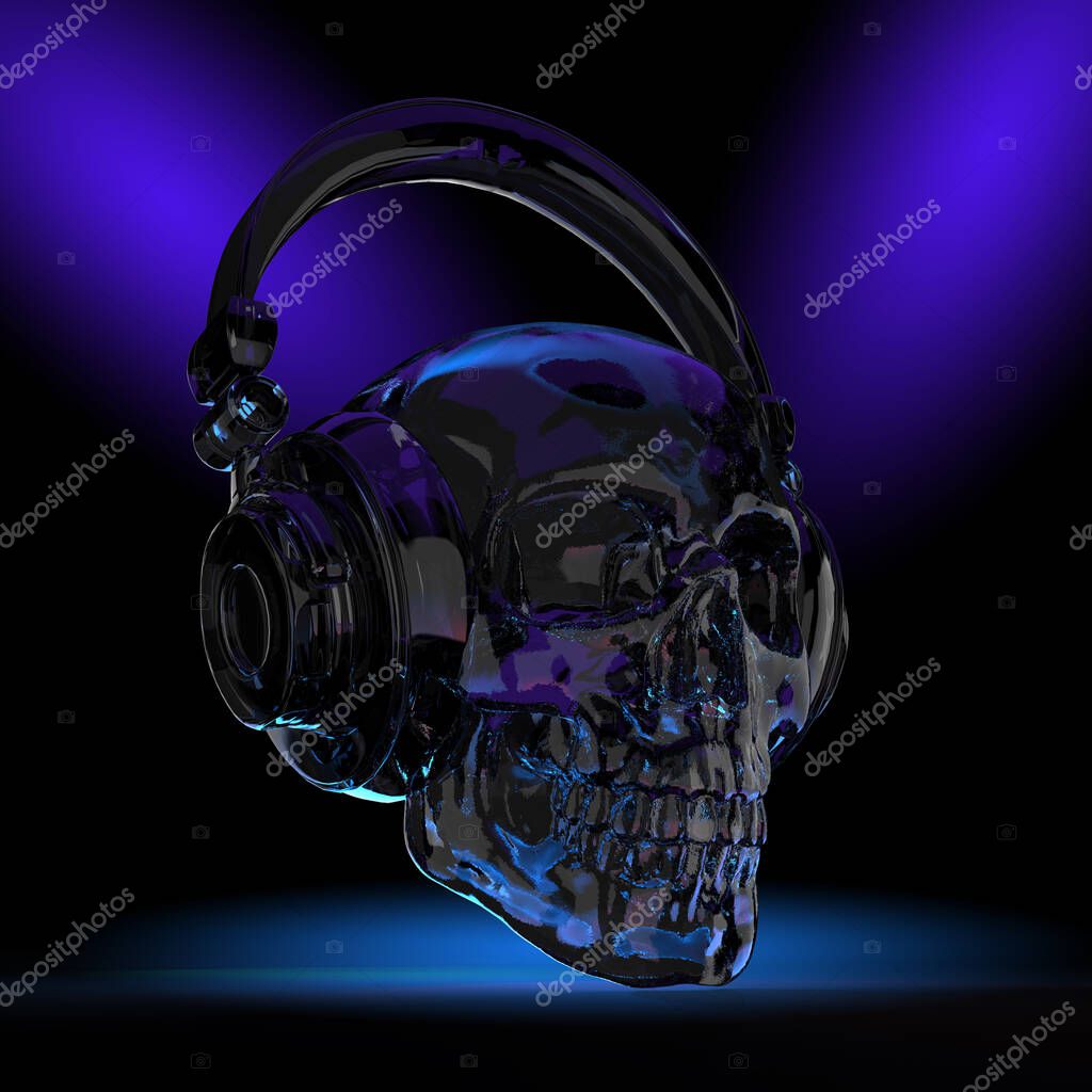 Glass skull with headphones in dark background. 3d illustration