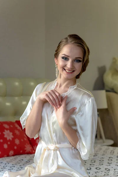 Beautiful Sweet Girl Silk Dressing Gown Different Poses — Stock Photo, Image