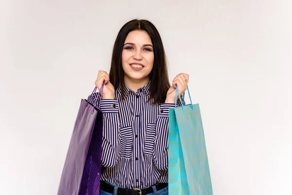 Hermosa Chica Sosteniendo Paquetes Tienda — Foto de Stock