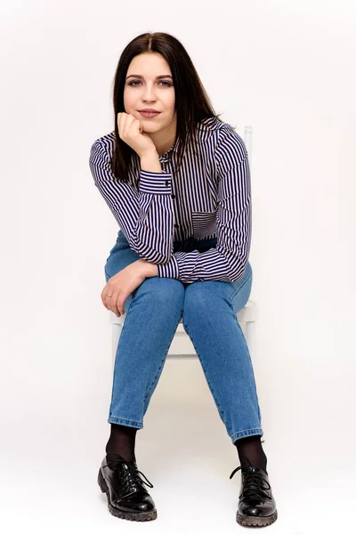 Girl Sitting Chair White Background — Stock Photo, Image