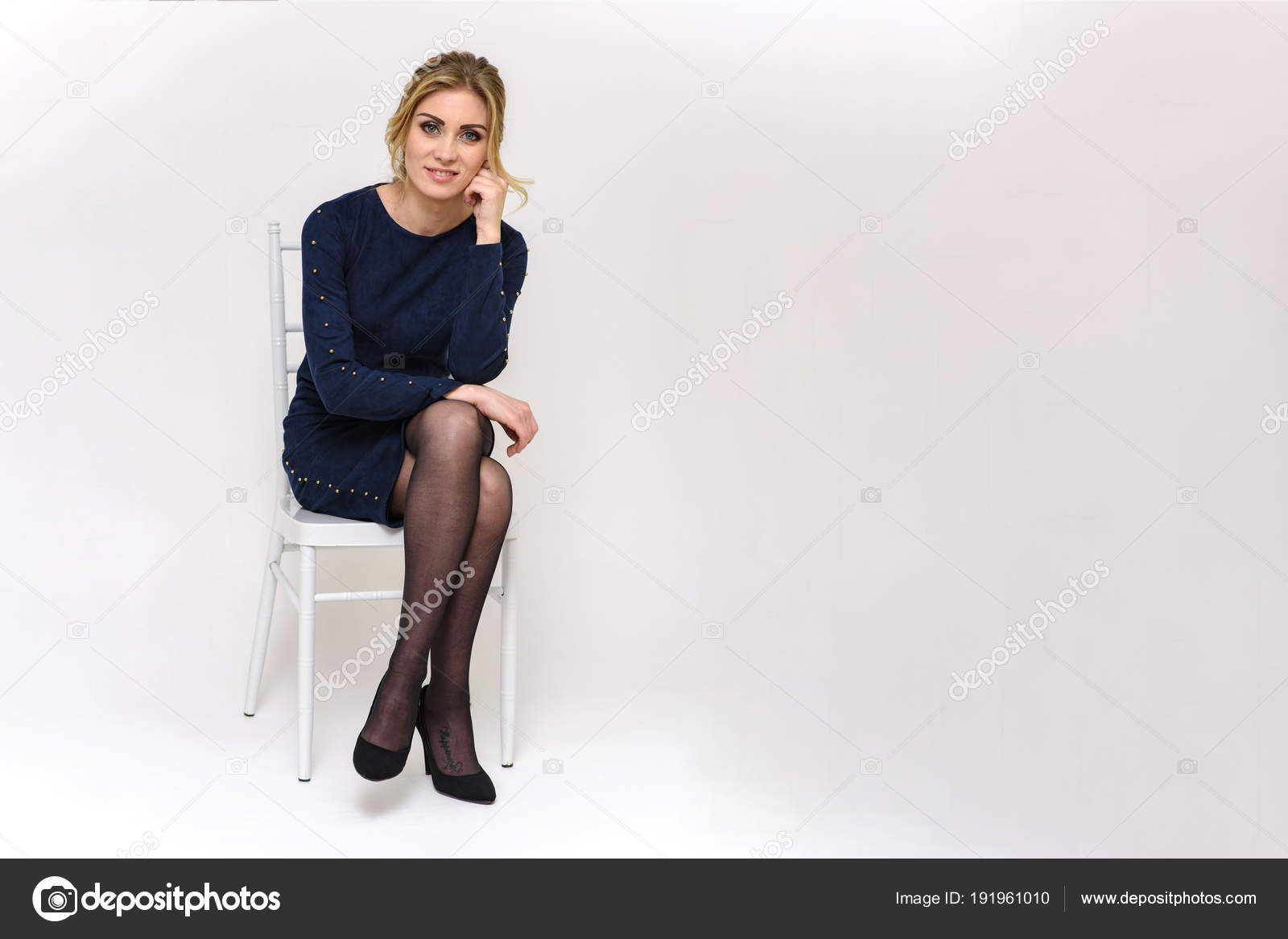Girl Sitting Chair White Background Different Poses Stock Photo by  © 191961010