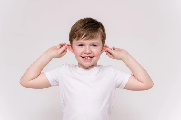 Cute Boy Aged Years Shows White Background Different Poses Different — Stock Photo, Image