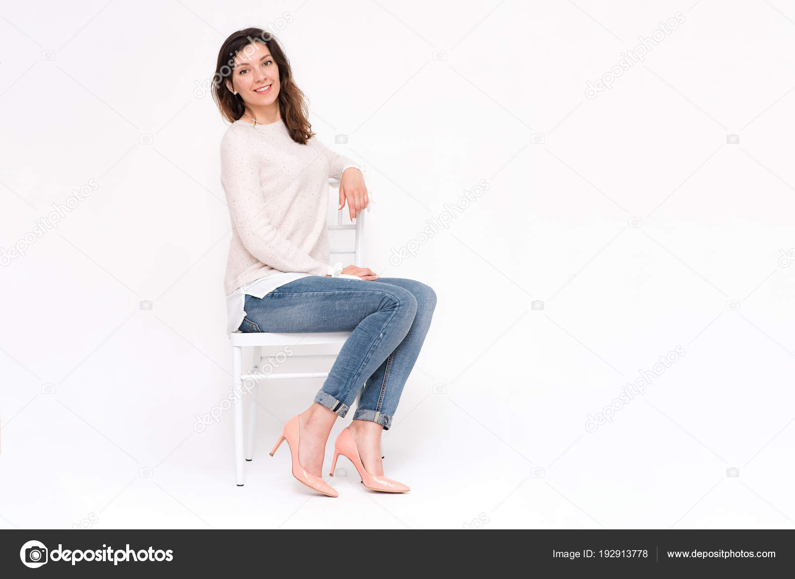 Girl Sitting Chair White Background Different Poses Stock Photo by  © 192913778