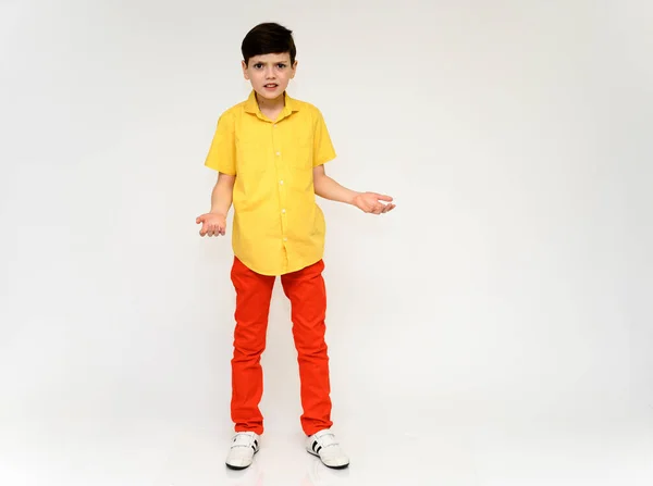 Мальчик-школьник вызывает эмоции. Полная фотография ребенка в красных штанах и желтая рубашка на белом фоне в студии. Стоят перед камерой в различных позах . — стоковое фото