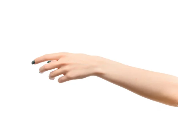 Uma foto de uma mão de uma menina com os dedos em um fundo branco mostra. Beleza, glamour . — Fotografia de Stock