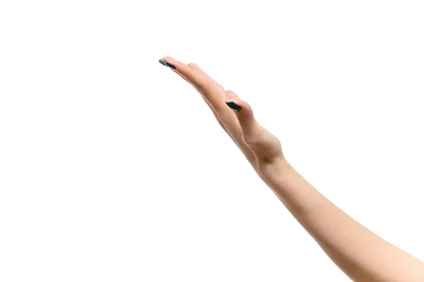 Una foto de una mano de una chica con los dedos sobre un fondo blanco muestra. Belleza, glamour . — Foto de Stock