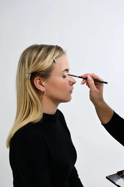 Cosmetic cabinet concept. Brush makeup with a model by a cosmetologist in a cosmetic studio. Model Blond is sitting sideways to the camera. — Stock Photo, Image