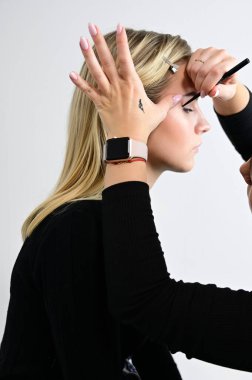 Kozmetik dolabı konsepti. Kozmetik stüdyosundaki bir kozmetik uzmanı tarafından yapılan fırça makyajı. Model Sarışın kameraya yan yan bakıyor..