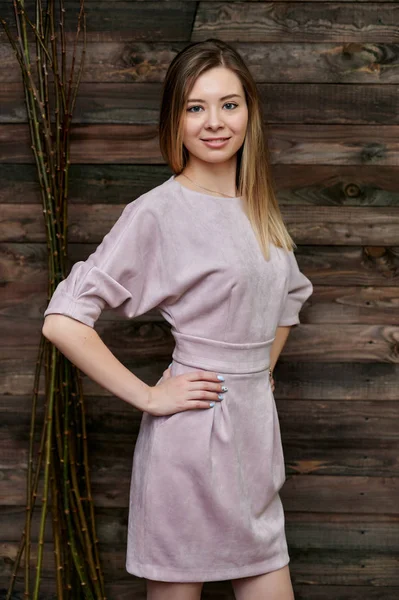 Concetto di stile loft. Ritratto di una bella ragazza sorridente in un bel vestito rosa su uno sfondo di interni in una stanza di legno. Mostra felicità, sorriso, gentilezza. In piedi davanti alla telecamera . — Foto Stock