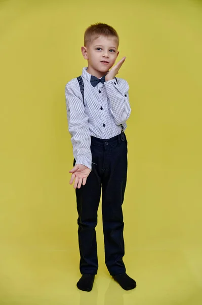 Portrait d'un mignon écolier de 10 ans sur fond jaune. Debout à pleine hauteur, Montrant des émotions, parlant . — Photo