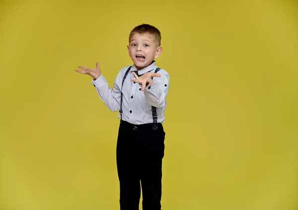 Portrait of a cute boy 10 years old schoolboy on a yellow background in trousers and a shirt. Standing right in front of the camera, Shows emotions, talks in different poses. — Stock Photo, Image