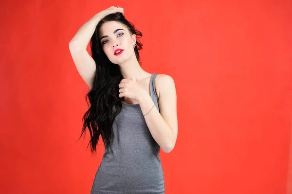 The concept of a beautiful female portrait with emotions. Portrait of a brunette girl with a smile with long hair with excellent makeup in a gray dress on a red background in different poses. — Stock Photo, Image