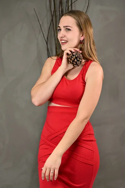 Universeel concept vrouwelijk portret op een grijze achtergrond. Verticale foto van een mooi lachend meisje met lang haar en geweldige make-up in een rode jurk met emoties in verschillende poses. — Stockfoto