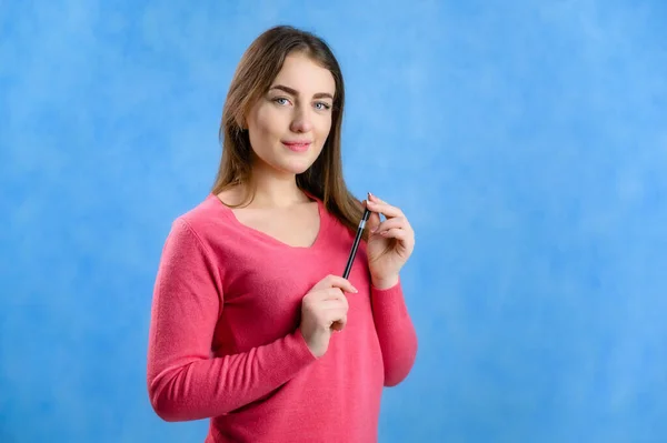 Photo Pretty Female Student Manager Red Sweater Blue Background Model — Stock Photo, Image
