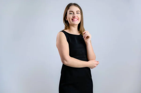 Business Portrait White Background Sympathetic Caucasian Woman Black Dress Smile — Stock Photo, Image