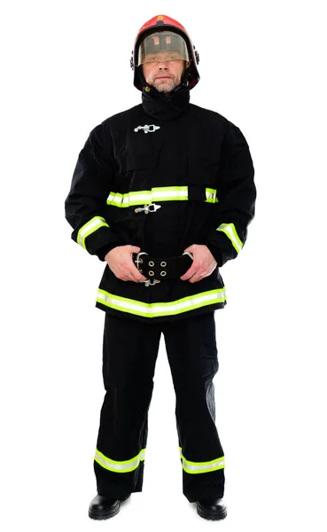 Retrato Completo Homem Uniforme Preto Bombeiro Com Capacete Vermelho Sobre — Fotografia de Stock