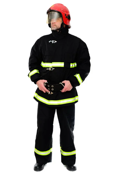 Retrato Completo Homem Uniforme Preto Bombeiro Com Capacete Vermelho Sobre — Fotografia de Stock