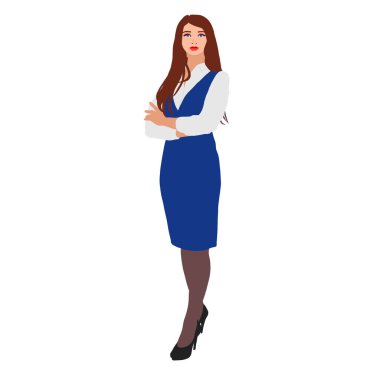 Evrensel konsept, beyaz bir arka planda iş elbisesi giymiş bir kadın yöneticinin tam boy portresi.