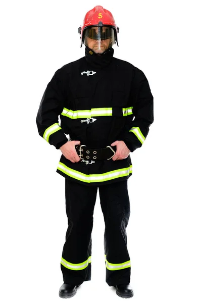 Retrato Bombeiro Uniforme Preto Capacete Vermelho Fundo Branco Isolado — Fotografia de Stock