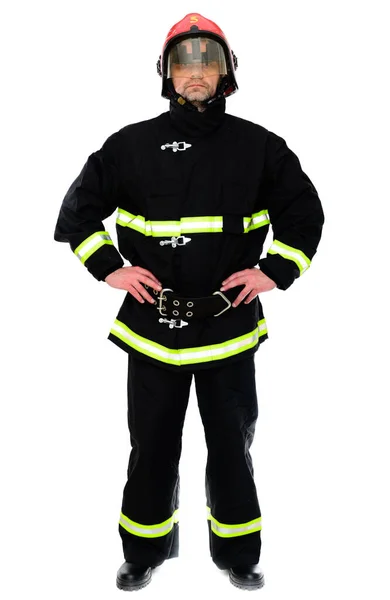 Retrato Bombeiro Uniforme Preto Capacete Vermelho Fundo Branco Isolado — Fotografia de Stock