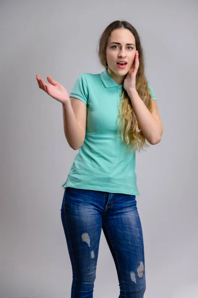 Vertical Photo Surprised Pretty Young Woman Long Hair Turquoise Blue — Stock Photo, Image