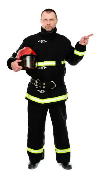 Vertical Isolado Foto Bombeiro Uniforme Com Capacete Vermelho Suas Mãos — Fotografia de Stock