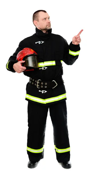 Vertical Isolado Foto Bombeiro Uniforme Com Capacete Vermelho Suas Mãos — Fotografia de Stock