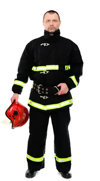 Vertikal Isoliertes Foto Eines Feuerwehrmannes Uniform Mit Rotem Helm Den — Stockfoto
