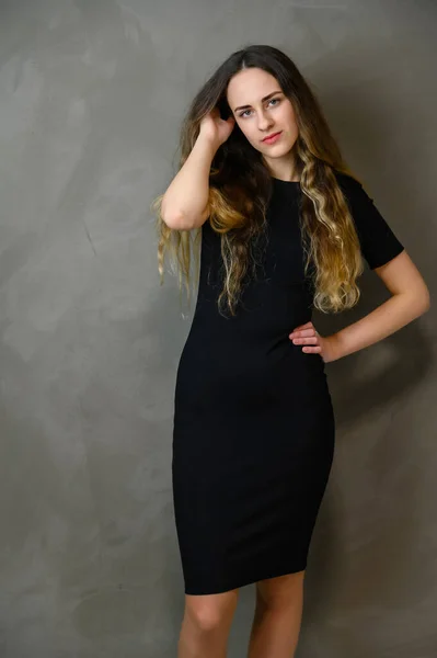 Vertical Photo Style Girl Beautiful Long Hair Black Dress Gray — Stock Photo, Image