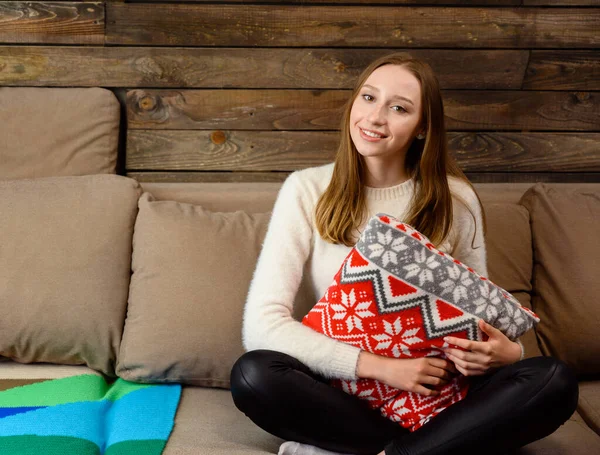 Home Portrait Pretty Happy Blonde Girl Model Sitting Couch — Stock Photo, Image