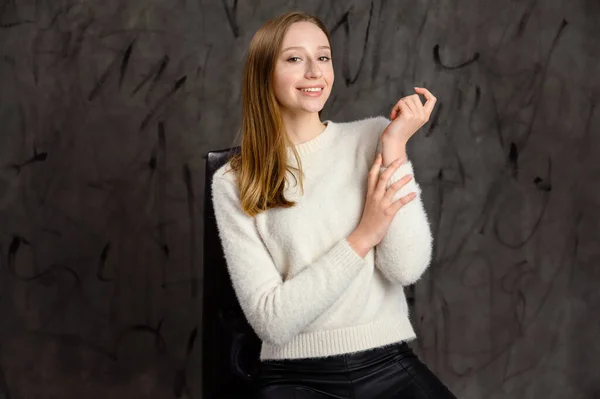 Studio Portrait Pretty Happy Blonde Girl Model Posing Chair Gray — Stock Photo, Image