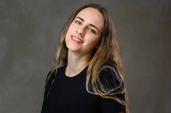 Portrait Caucasian Happiness Girl Black Dress Long Hair Beautiful Smile — Stock Photo, Image