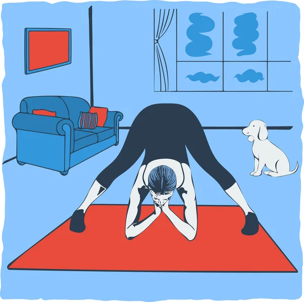 家庭健身的概念 一个女人在家里做伸展运动的矢量绘图 那只狗坐在附近 — 图库矢量图片