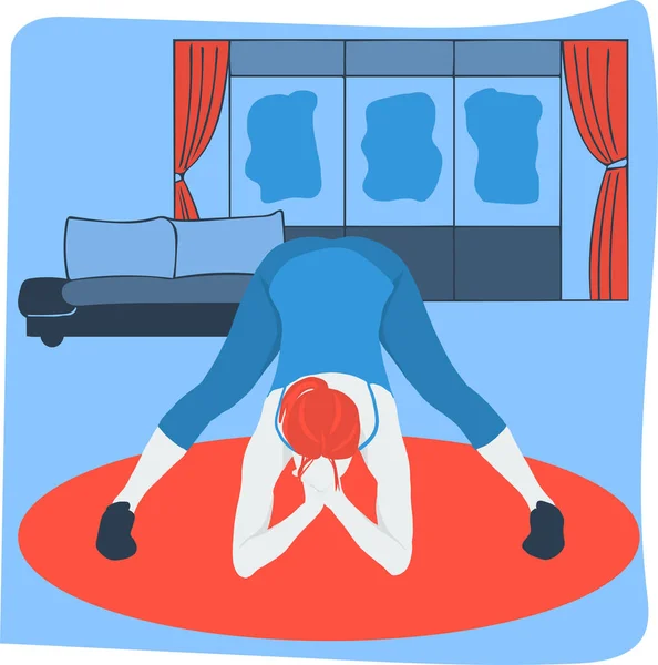一个在家里练习瑜伽的女人的矢量绘图 检疫期间家庭健康的概念 — 图库矢量图片