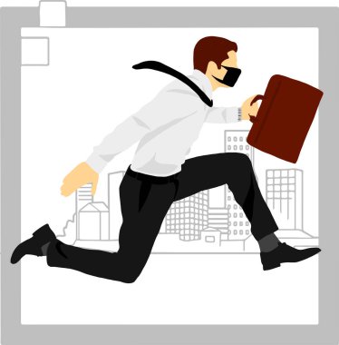 Tıbbi maskeli ve evrak çantalı bir yöneticinin şeffaf arka planında vektör çizimi. Evrensel kavram.