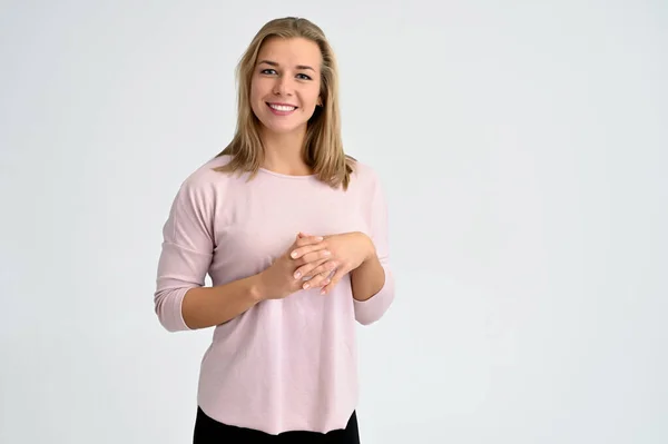 Close Portrait Cute Caucasian Blonde Female Student Girl Pink Blouse — Stock Photo, Image