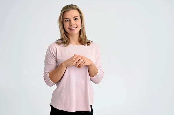 Close Portrait Cute Caucasian Blonde Female Student Girl Pink Blouse — Stock Photo, Image