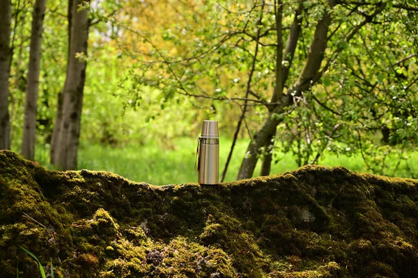 Foto Uma Garrafa Térmica Floresta Verão Livre Conceito Férias Turísticas — Fotografia de Stock