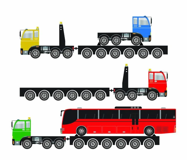 Набор многоколёсного прицепа и грузовика для перевозки тяжелой массы — стоковый вектор