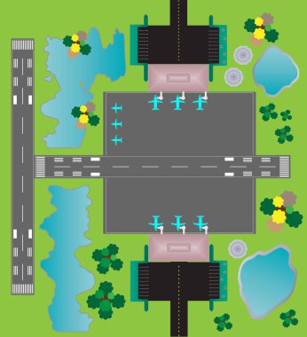 Havaalanı düzeni en iyi görünümü standart pist Park taksi ve Buildin