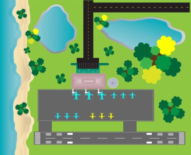 Havaalanı düzen üstten görünüm, havaalanlarında ve bina De otopark pist