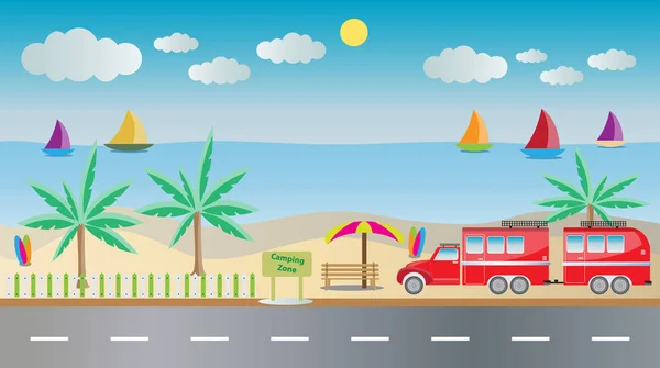 Camping Caravan coche con fondo Seascape — Vector de stock