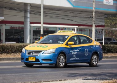 Chiangmai, Thailand - February 7 2020: Grab City taxi Meter chiangmai, Nissan Sylphy, Service in city. On road no.1001, 8 km from Chiangmai Business Area.