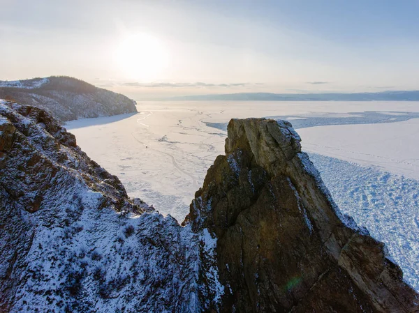 Vue du ciel sur les champs de glace gelée du lac Baïkal, Russie Sibérie — Photo