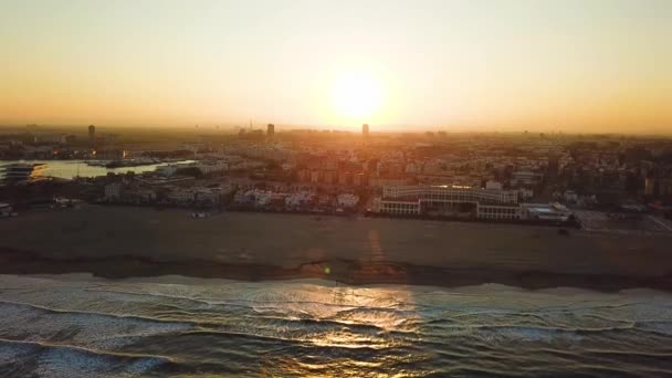 View from drone during sunset on beach Malvarrosa in Valencia — стоковое видео